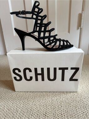 SCHUTZ Black Strappy Cage Mid Heel Sandal Size 9